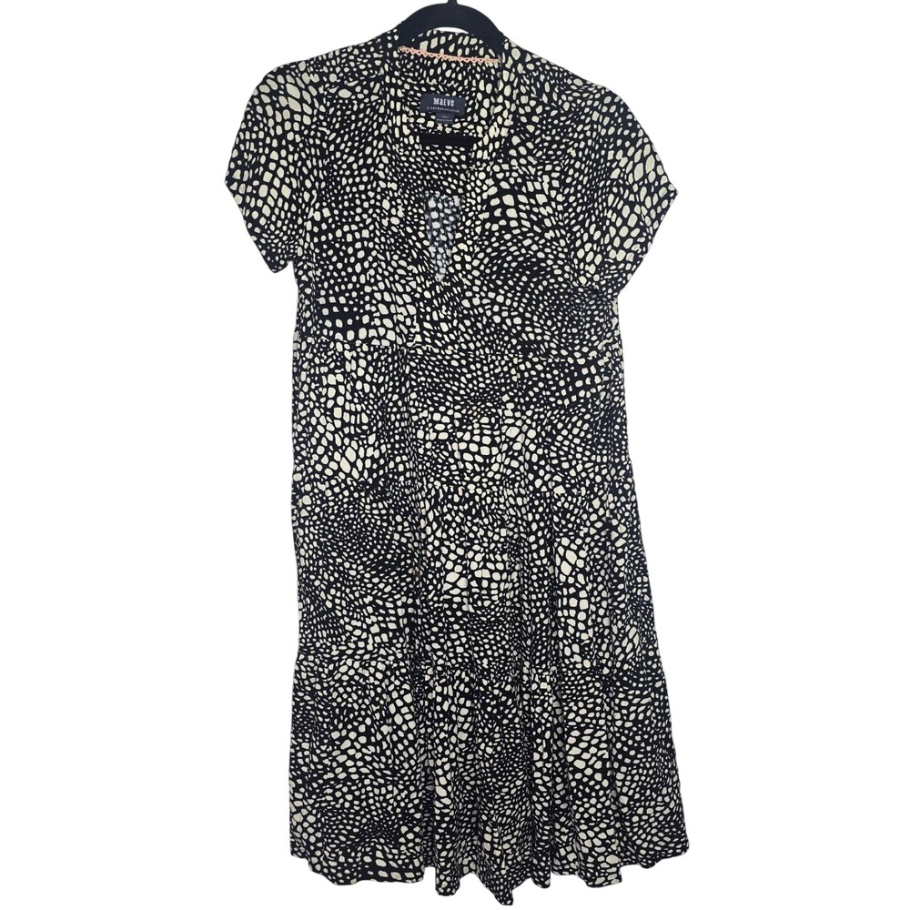 Maeve Abstract Polka Dot Tiered Midi Dress XS Black Cream Viscose Boho Chic
